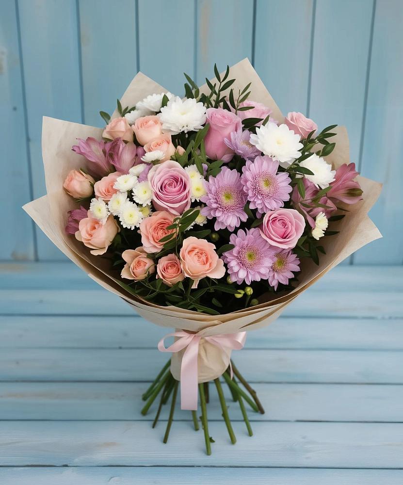 Букет цветов из: Хризантемы, Розы и Альстромерии в Липицы