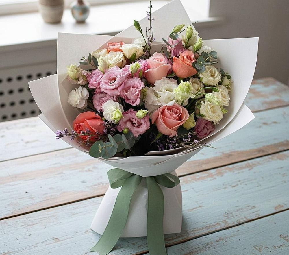 Букет цветов из: Розы, Лизиантусы и Гвоздики в Липицы