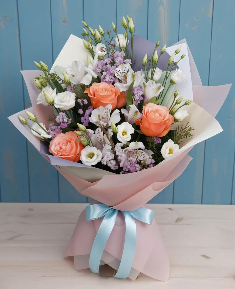 Букет цветов из: Лизиантусы, Розы, Альстромерии и Гипсофила в Липицы