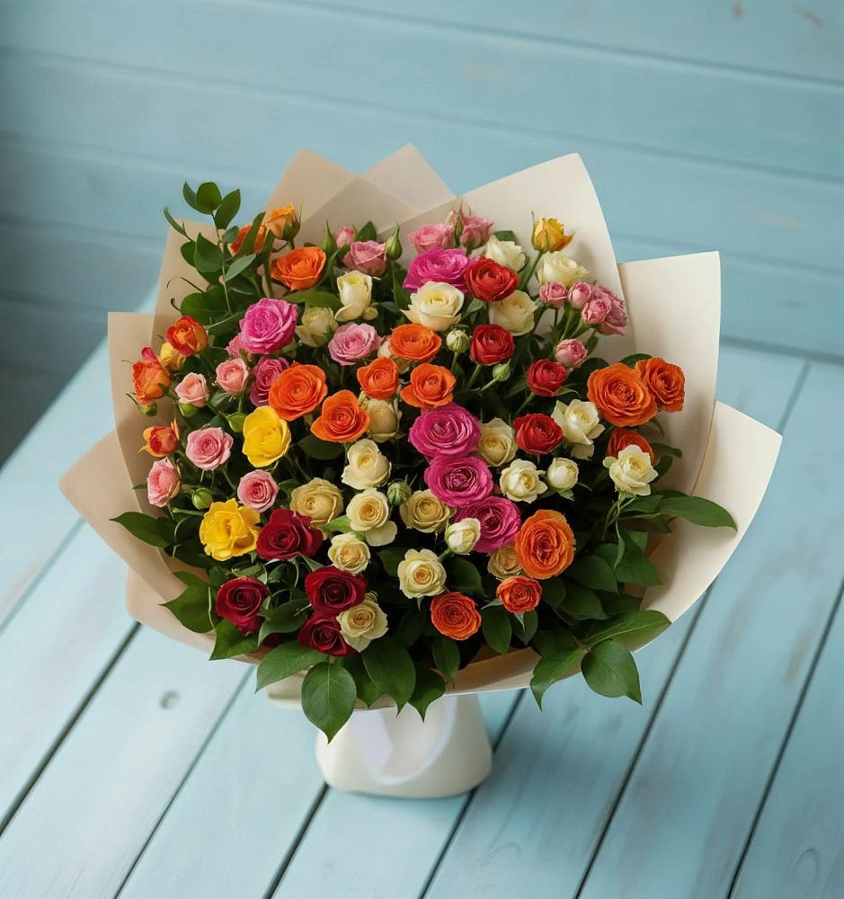 Букет Микс из разноцветных кустовых роз в Липицы